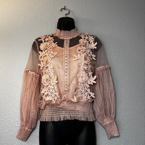 Ladies Lace Mesh Shirt Floral Long Puff Sleeve Blouse Sheer Elegant Party Tops